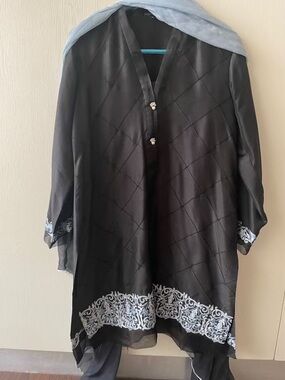 Black Embroidered Raw Silk Kurta and dupatta